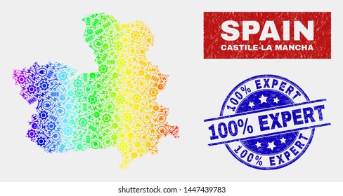 Factory Castile-La Mancha Province map and blue 100% Expert distress seal stamp. Spectrum gradiented vector Castile-La Mancha Province map mosaic of machinery items. Blue rounded 100% Expert stamp.