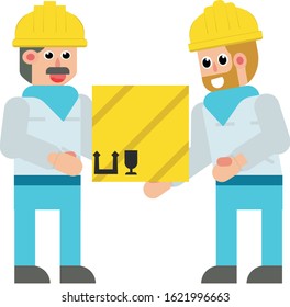 Factory Characters - factory workers greet each other, employees who are working, factory workers use forklifts and various things. Colorful vector illustration in flat cartoon style.