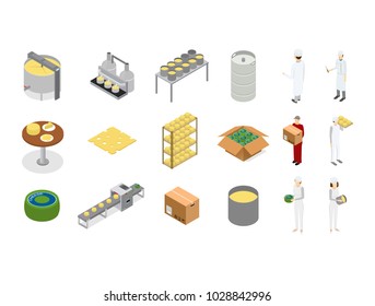 Factory Cheese Production Line Element Set and Staff Isometric View Technology Service Process of Cooking Dairy Product. Vector illustration of Prepare Cheese