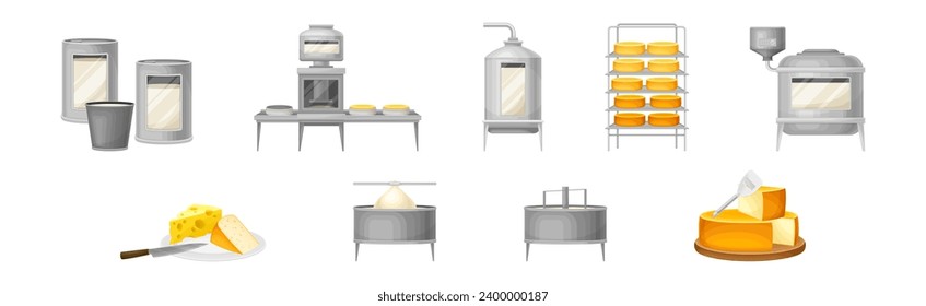 Factory Cheese Production Line Technology Service Process Vector Set