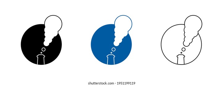 Factory chimney logo set in round. Line, silhouette and colorful set. Vector icon, factory logo, factory logo. Industrial facility.