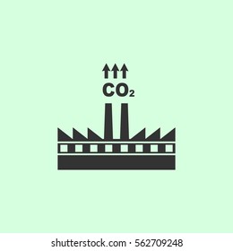 Factory with chimney polluting CO2 cloud smoke icon flat. Grey vector symbol on green background