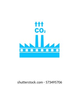 Factory with chimney polluting CO2 cloud smoke icon flat. Blue pictogram on white background. Vector illustration symbol