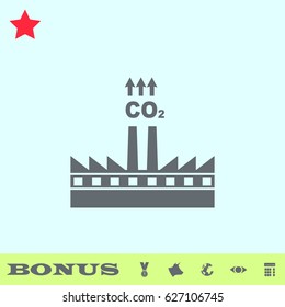 Factory with chimney polluting CO2 cloud smoke icon flat. Grey pictogram on blue background. Vector illustration symbol and bonus buttons medal, cow, earth, eye, calculator
