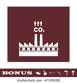 Factory with chimney polluting CO2 cloud smoke icon flat. White pictogram on brown background. Vector illustration symbol and bonus icons