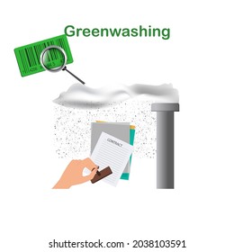 Factory chimney, smoke, precipitation, Hand with stamp, document, barcode label, magnifier - vector. Quality control of environmentally friendly products. Greenwashing.