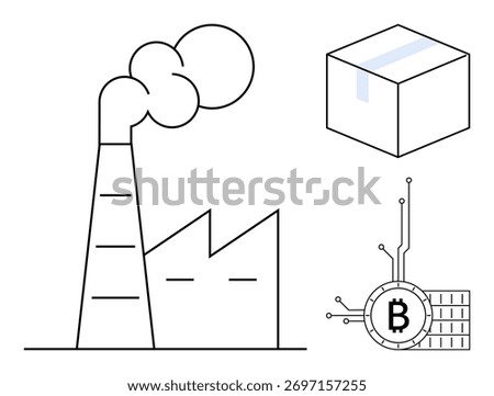 Factory with chimney, smoke, a sealed package, and a Bitcoin symbol with circuit lines. Ideal for technology, cryptocurrency, manufacturing, logistics, industrial processes. Simple, clean, modern