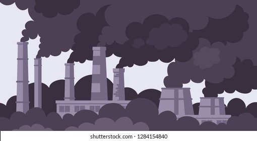 Factory chimneys with black smoke. Factory smokestacks. Air pollution. Environment pollution concept. Ecological disaster concept. Flat vector illustration.