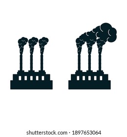 Factory with chimneys. Factory building icon. Environmental pollution. Air pollution. Exhausts.