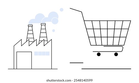 A factory with chimneys releasing smoke is next to a large shopping cart. Ideal for manufacturing supply chain logistics retail production economic growth. Simple line art style