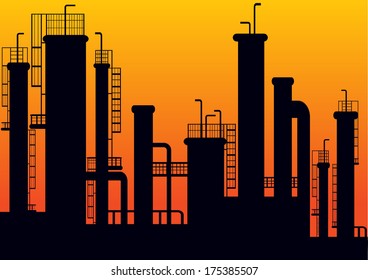 factory chimneys silhouettes in sunset