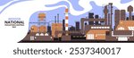 Factory chimneys with smoke clouds. Plant of heavy industry , manufacturing does emission of chemicals into air. Pollution control day, protection of environment banner. Flat vector illustration