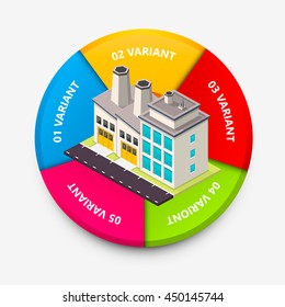 Factory circle infographics. Factory icon 3d. Vector infographic illustration