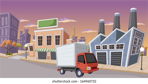 Factory in the city with small truck parked on the street