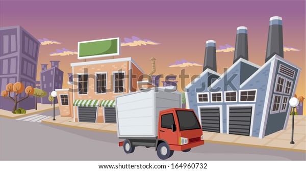 Factory\
in the city with small truck parked on the\
street