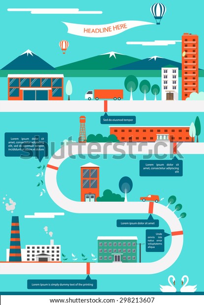 Factory cityscape info graphics\
charts, symbols, graphic elements, map, vector flat\
illustration