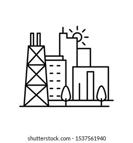 Factory in cityscape line icon, outline vector sign, linear style pictogram isolated on white. Symbol, logo illustration. Editable stroke. Pixel perfect vector graphics