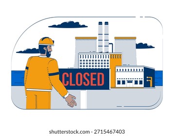Factory closed with disappointed worker doodle cartoon illustration. Industrial shutdown. Layoff in manufacturing plant closure 2D flat character isolated on white. Doodleart hand-drawn drawing