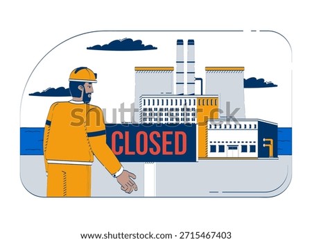 Factory closed with disappointed worker doodle cartoon illustration. Industrial shutdown. Layoff in manufacturing plant closure 2D flat character isolated on white. Doodleart hand-drawn drawing