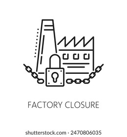 Icono de cierre de fábrica, crisis económica y pérdida de dinero, caída y símbolo de bancarrota. Señal de Vector lineal de la planta, edificio industrial, fábrica con cerradura Grande y cadena, que indica el cierre de la industria