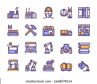 Factory color line icon set. Robot and production industrial work. Labor and engineering concept. Truck, warehouse, worker, uniform, power station, mine, conveyor, buildings, tools and more
