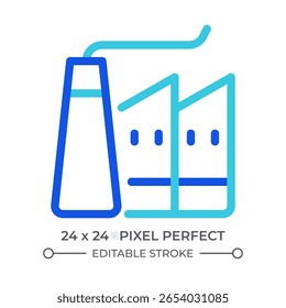Ícone de iu de linha colorido de fábrica. Produção industrial. Fabricação de poluição, fumaça. Engenharia, máquinas. Símbolo linear duotônico de vetor isolado. Elemento de interface do usuário, pixel perfect