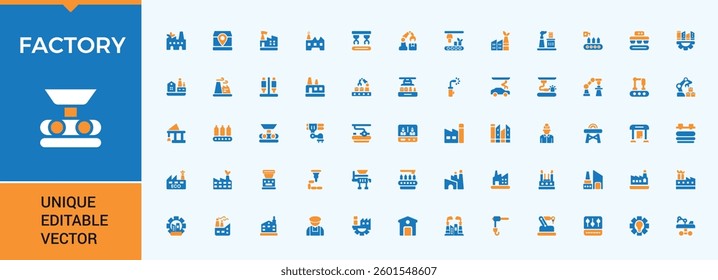 Factory colorful solid icon. Includes flat solid symbols process, product, manufacturing, machinery, conveyor, industrial and more. Flat UI icons. Machine icon set in filled style.
