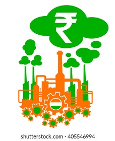 Factory in the colors of flag of India as metaphor of Indian industry and its financial profit or crisis expressed as income of Rupee 