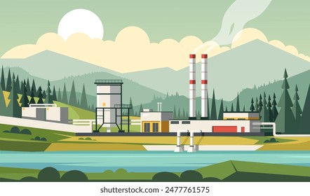 Complejo de fábrica con chimeneas en un paisaje montañoso, estilo gráfico plano, fondo boscoso. Concepto de industria y naturaleza. Ilustración vectorial