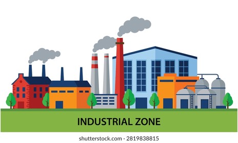 Factory complex with multiple industrial buildings, chimneys emitting smoke, production plants, manufacturing industry, urban landscape, air pollution.