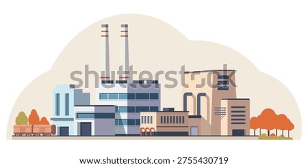 Factory complex with structures in flat style on a light background, symbolizing industry and production. Vector illustration