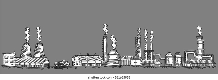 Factory concept, Heat Power Station isolated, vector black and white illustration of plant stylized as engraving