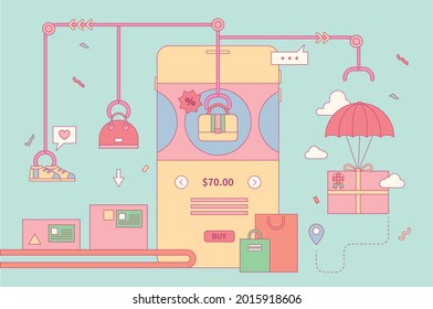 Factory concept for mobile shopping. Outline simple vector illustration.