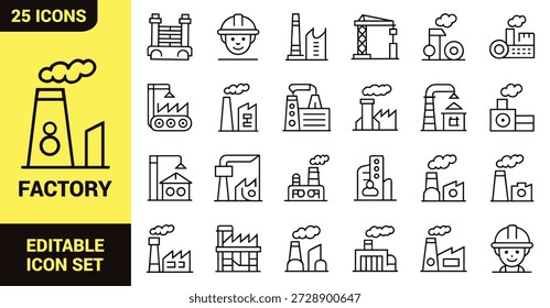 Factory and construction icon set with industrial buildings, machinery, gears, cranes, robotic arms, safety tools, infrastructure and automation