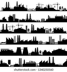 Factory construction silhouette. Industrial factories, refinery panorama and manufacture buildings skyline. Manufacturing industry, oil plant or environment refineries vector illustration set