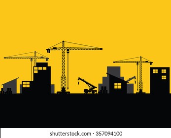factory construction site mobile cranes city silhouette