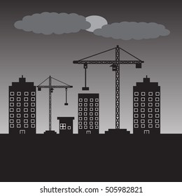 factory construction site mobile cranes city silhouette
