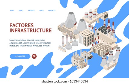 Fabrikgebäude oder Gebäude Concept Card 3d Isometric View Plant mit Kamin, Rohr und Tank. Vektorgrafik von Symbolen
