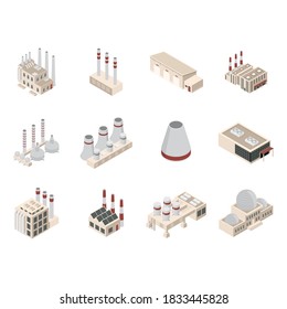 Factory Constructions or Buildings Concept Set 3d Isometric View Plant with Chimney, Pipe and Tank. Vector illustration of Icons