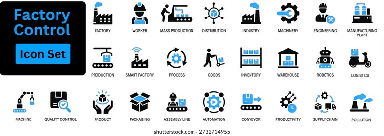 Vector de silueta de conjunto de iconos de control de fábrica 