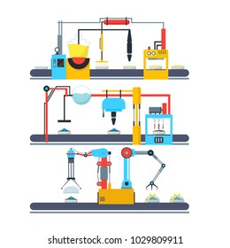 Factory Conveyor Automatic Cakes Production Line or Belt. Technology Service Process Cupcake Sweets Isolated on White Background Vector illustration of Cake Product System
