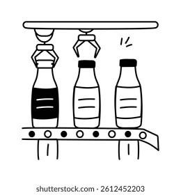 A factory conveyor belt with bottles being capped by robotic arms