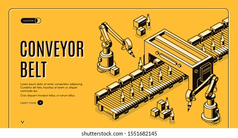 Factory conveyor belt isometric landing page. Robotic arms packing milk bottles production on transporter line. Automation, smart industrial robot assistants. 3d vector illustration, line art, banner.