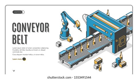 Factory Conveyor Belt Isometric Landing Page. Robotic Arms Packing Glass Bottles Production On Transporter Line. Automation, Smart Industrial Robot Assistants. 3d Vector Illustration, Line Art, Banner