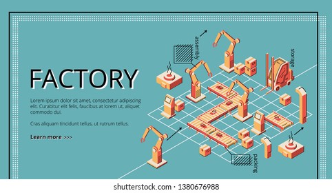 Factory conveyor belt landing page. Robotic arms packing producion on transporter belt line. Automation, smart industrial revolution, robot assistants. Isometric vector illustration, line art, banner.