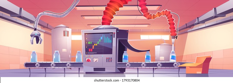 Factory conveyor belt with milk bottles and robotic arms at moving transporter production line. Dairy products manufacture, automation, smart industrial robot assistants. Cartoon vector illustration