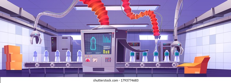 Factory conveyor belt with water bottles and robotic arms pour aqua in plastic containers at transporter production line. Manufacture, automation, smart robot assistants. Cartoon vector illustration