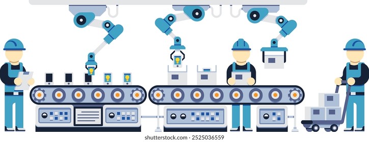 Correia transportadora de fábrica. Conceito de trabalhadores na linha de produção