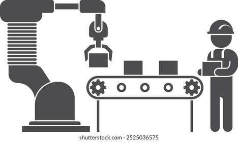 Fatory correia transportadora com homem de trabalho e braço robótico ícone preto