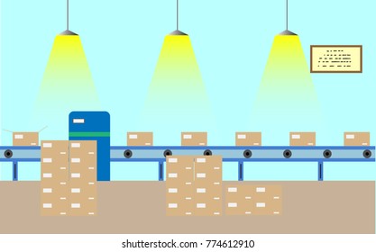 Factory conveyor belts and cargo, vector illustrations